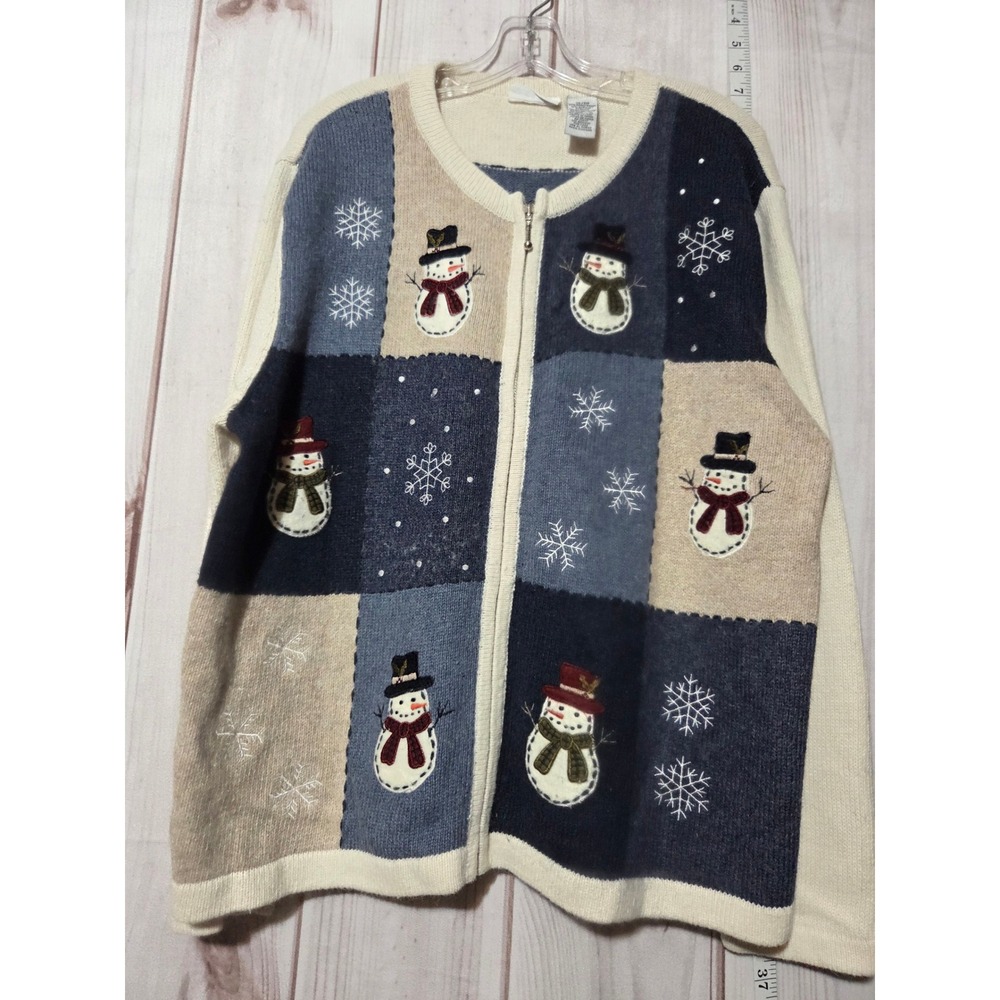 Ladies XL Vintage Snowman Cardigan Sweater Novelty Christmas Holiday Winter
